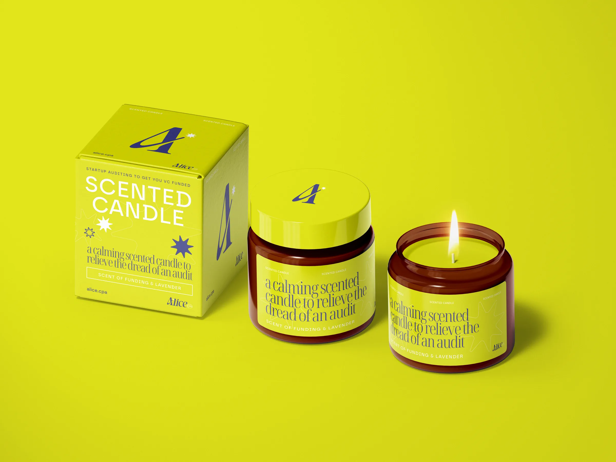 Alice CPA scented candle and box: "a calming scented candle to relieve the dread of an audit," scent of funding and lavender