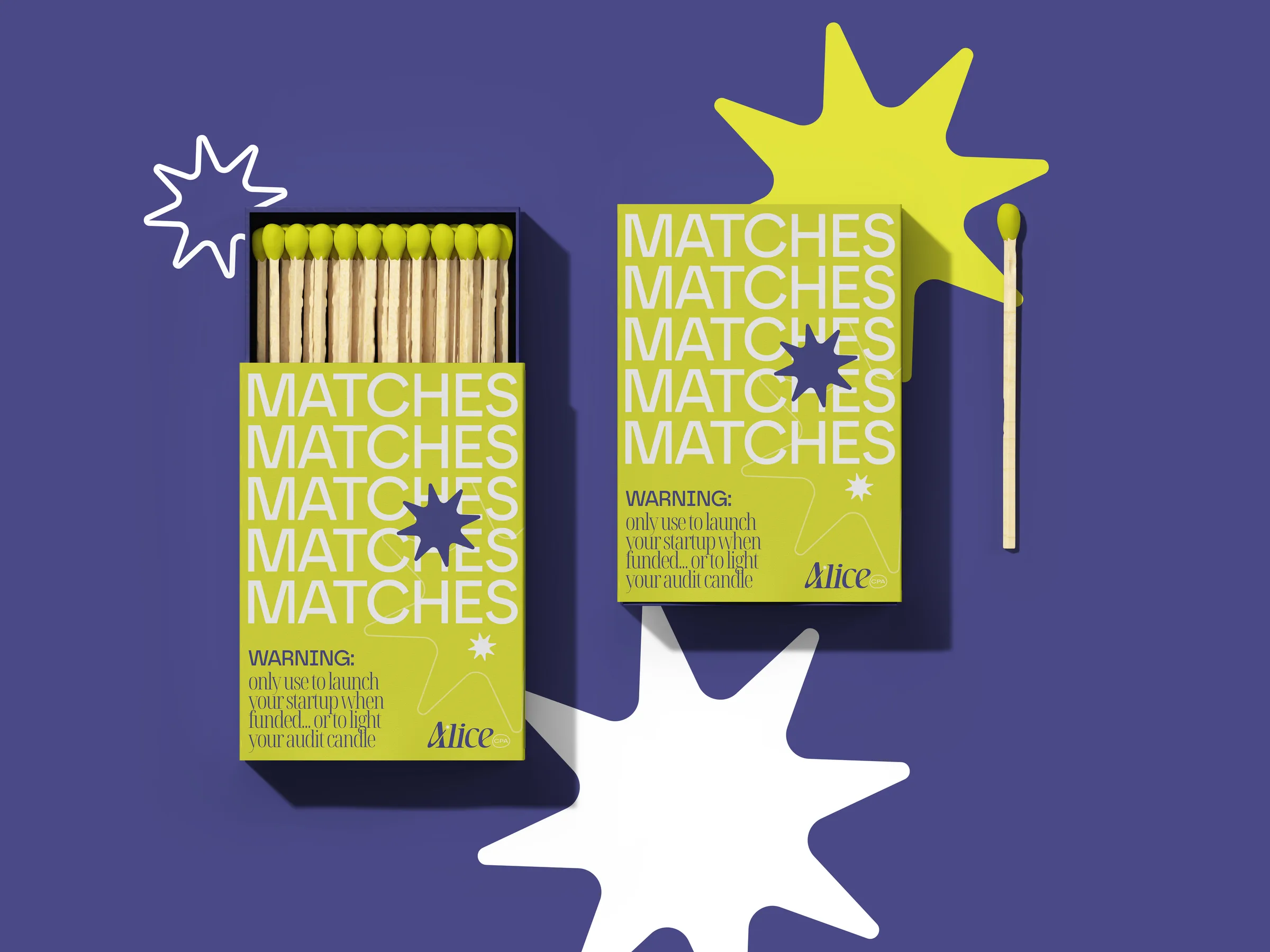 Alice CPA matchboxes in lime and purple: "Warning: only use to launch your startup when funded... or to light your audit candle"